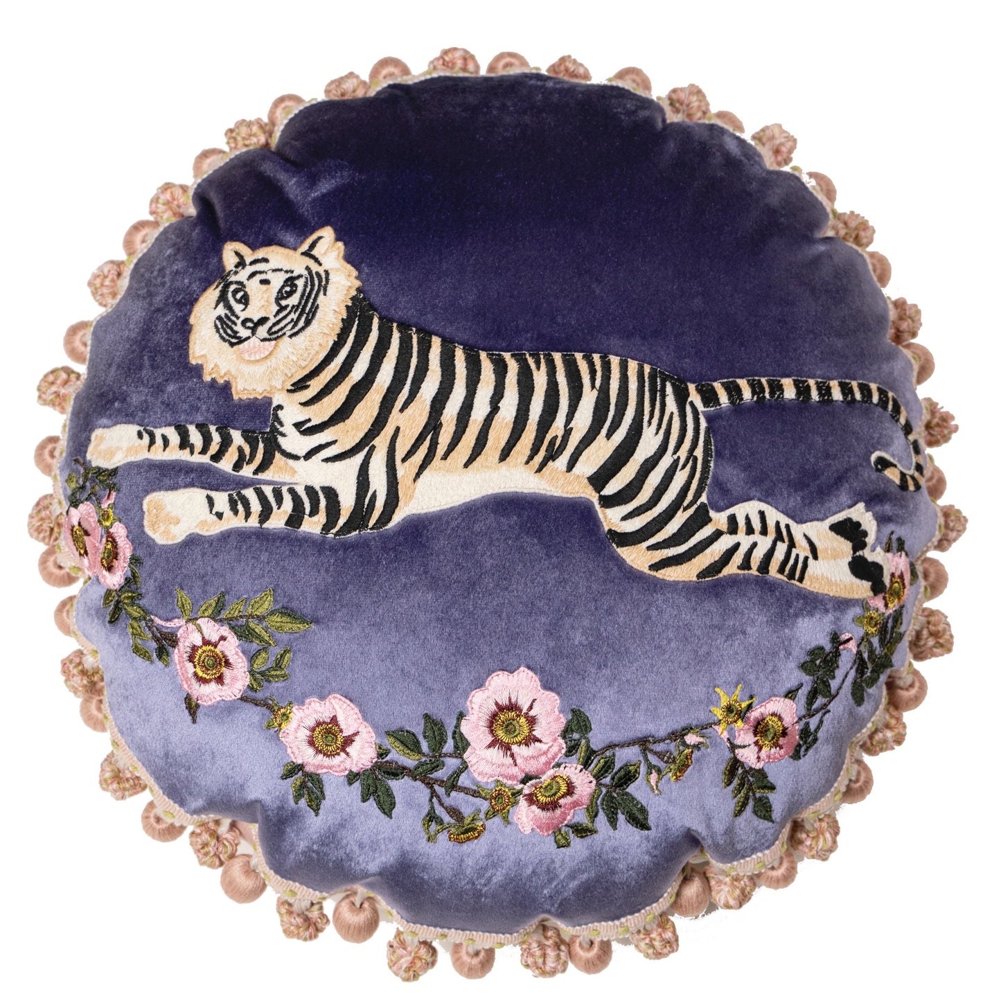 Purple embroidered tiger cushion styled on sofa showing opulent maximalist home decor