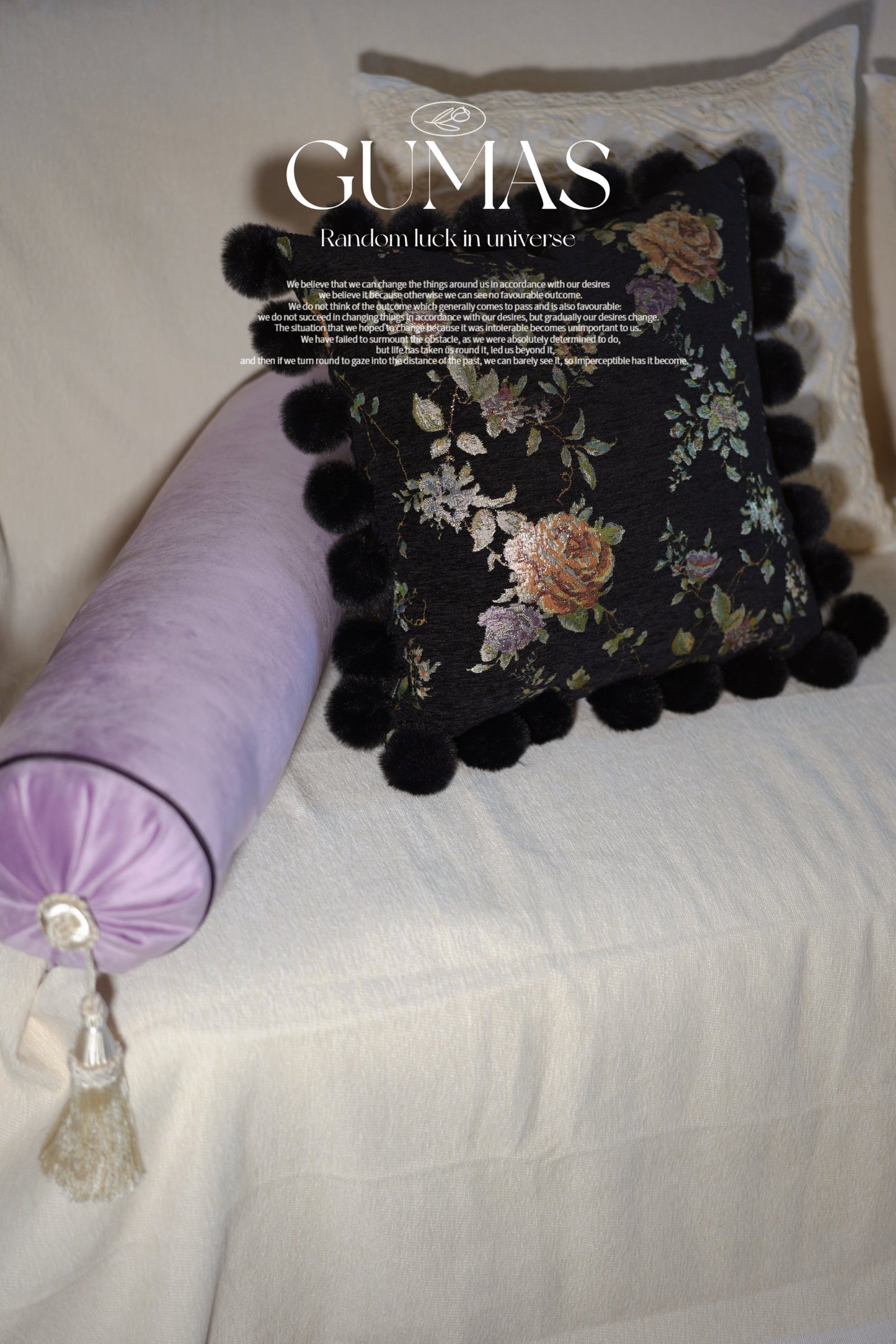 Purple velvet bolster pillow with gold tassel trim 7x24 inch Monet Garden collection