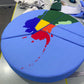 Top view of custom US map floor cushion with each state printed in color, cut into puzzle pieces