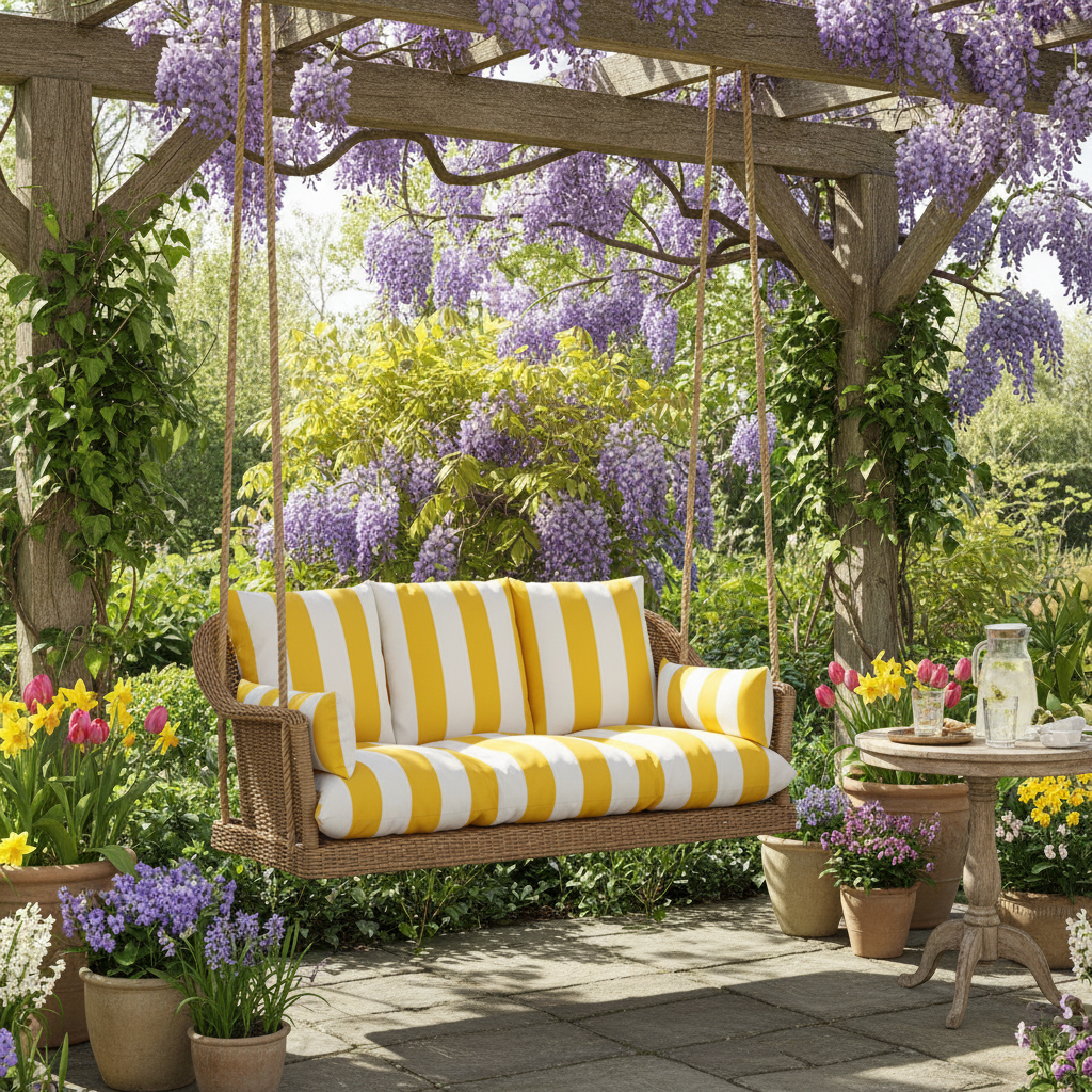 Chic navy cushion on a stylish patio swing, perfect for outdoor relaxation.