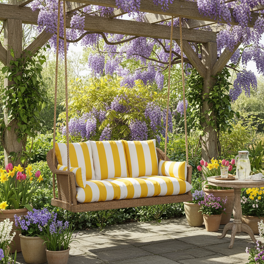 Chic navy cushion on a stylish patio swing, perfect for outdoor relaxation.