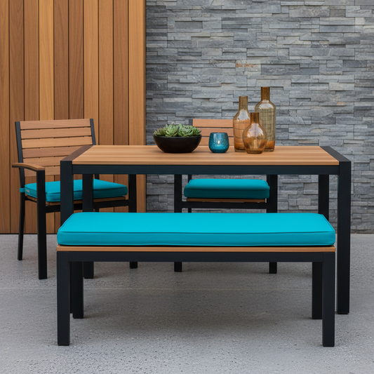 Stylish restaurant bench cushions in deep green and navy blue in an elegant dining setting.