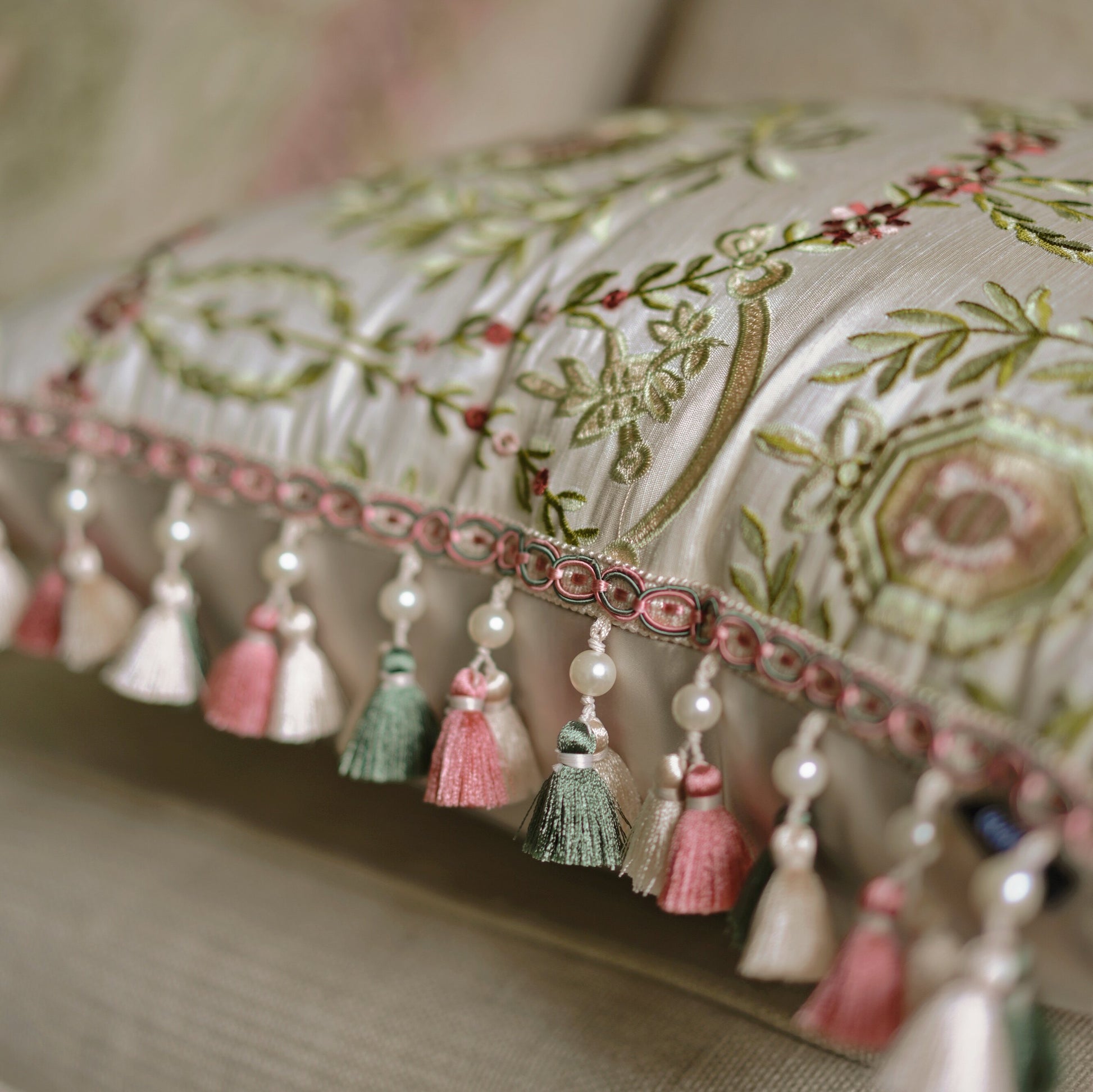 Romantic classical embroidered pillow cover with floral sprigs and pearl bead accents