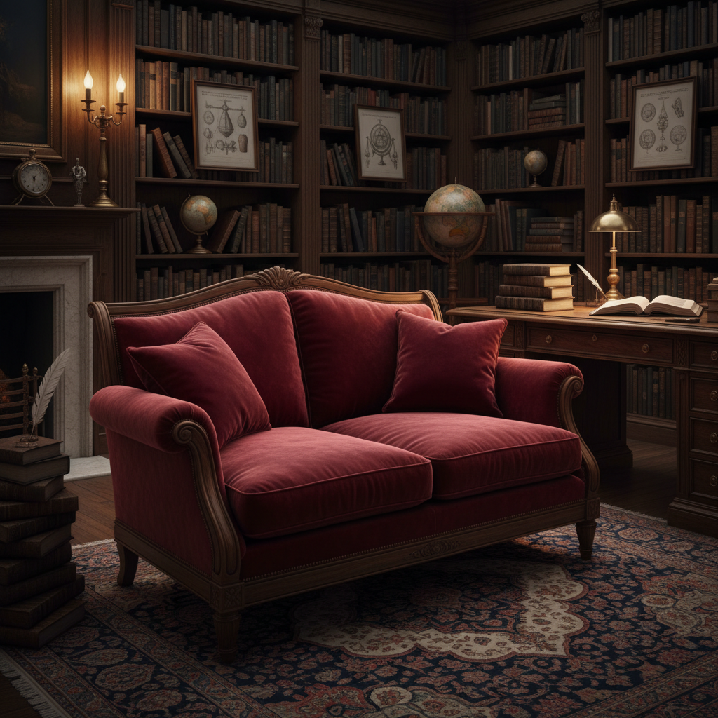 Rounded loveseat in soft gray fabric surrounded by calming decor in a serene living room setting.