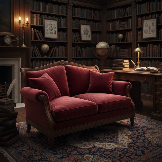 Rounded loveseat in soft gray fabric surrounded by calming decor in a serene living room setting.