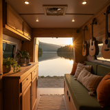 Comfortable RV /Camper Seat and Back Cushions featuring soft fabric and vibrant colors in a cozy camper setting.