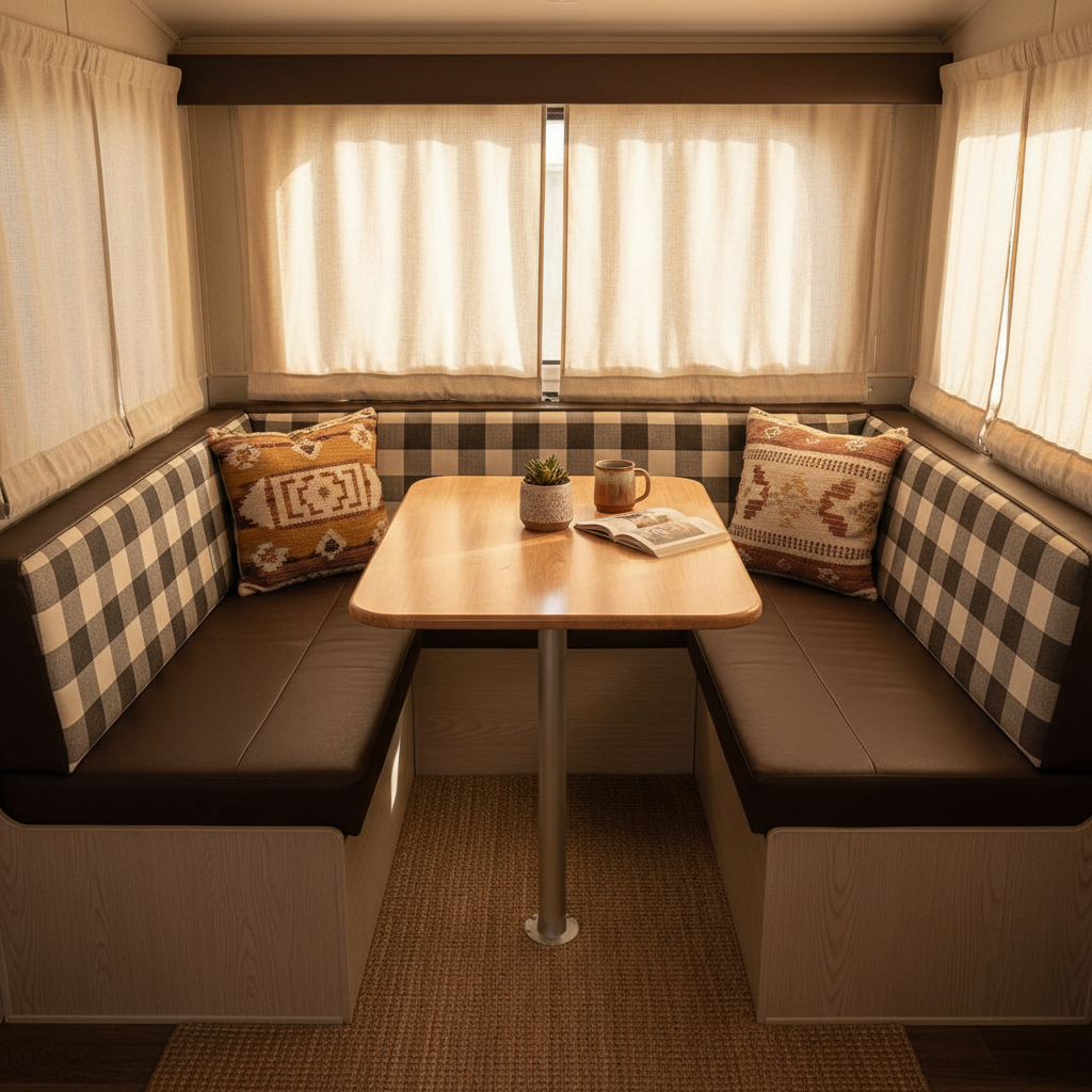 Dark navy and forest green RV dinette cushions in a stylish RV interior