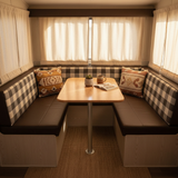 Dark navy and forest green RV dinette cushions in a stylish RV interior