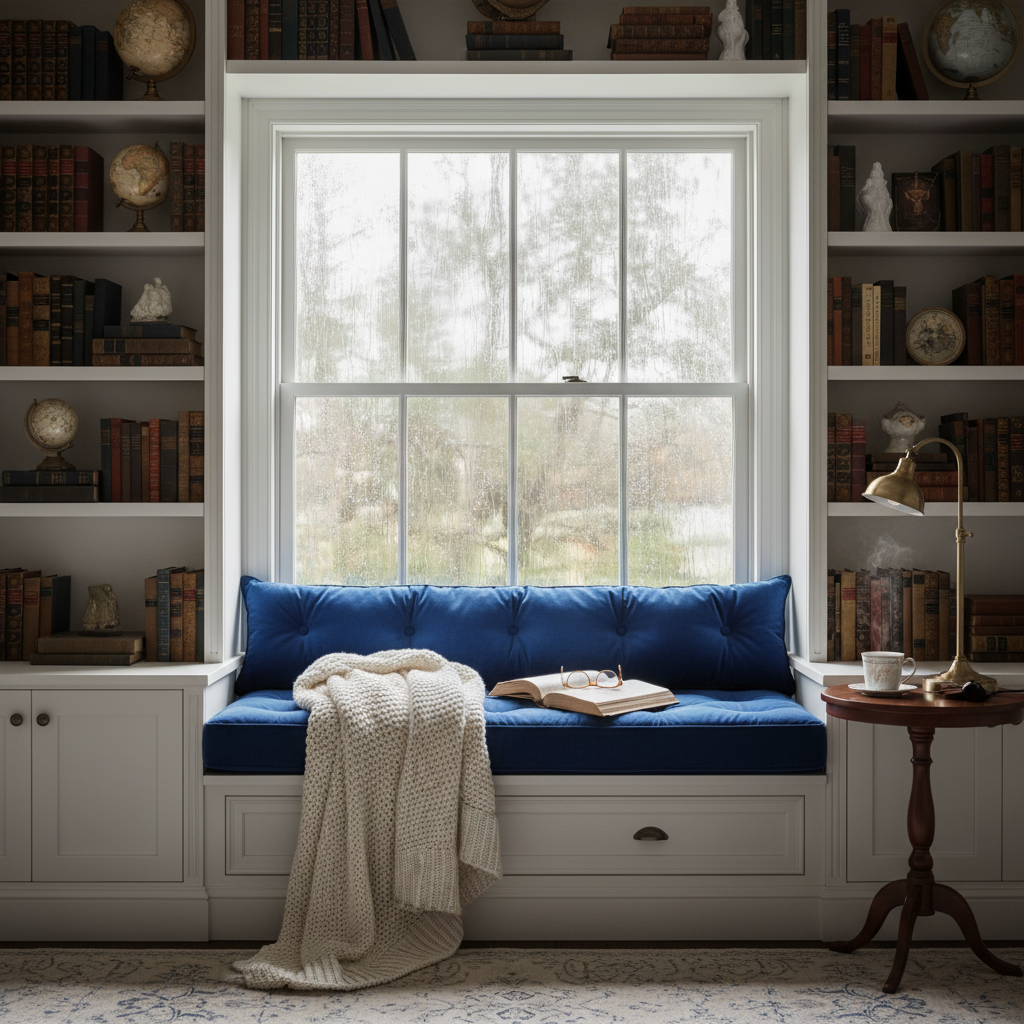 Soft pastel seat cushions beautifully arranged in a sunny window seat
