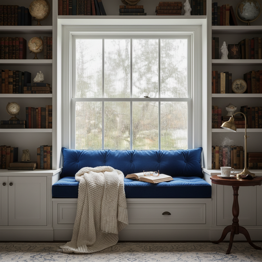 Soft pastel seat cushions beautifully arranged in a sunny window seat