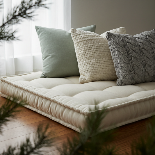 Deep teal and rich green outdoor sofa cushions on patio furniture