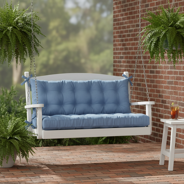 Outdoor swings with cushions in deep green and blue colors, set in a vibrant garden.