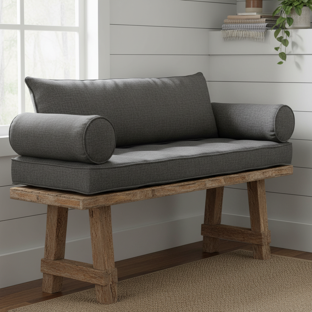 Deep navy trapezoid bench cushion on outdoor patio furniture surrounded by greenery.