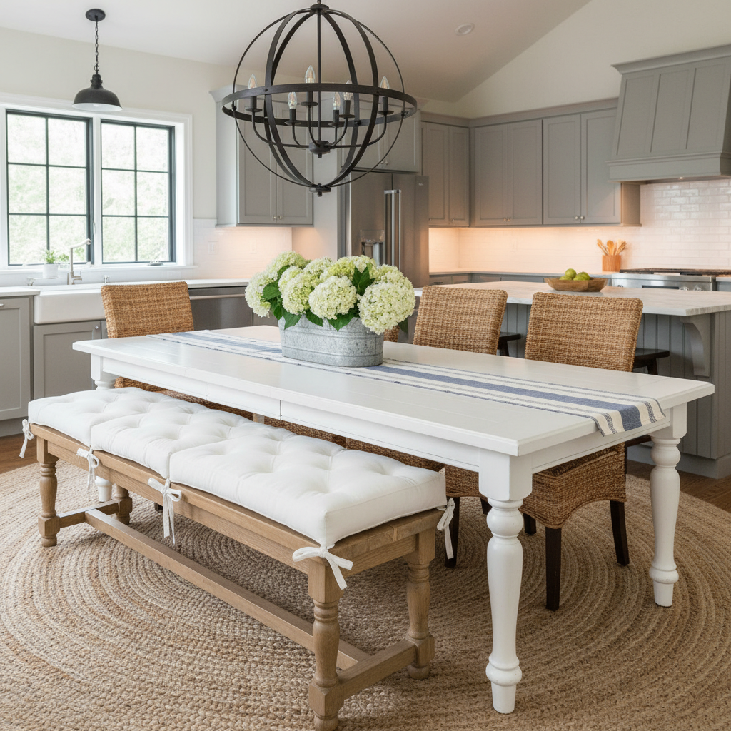 Deep navy tufted bench cushion on an outdoor patio surrounded by plants