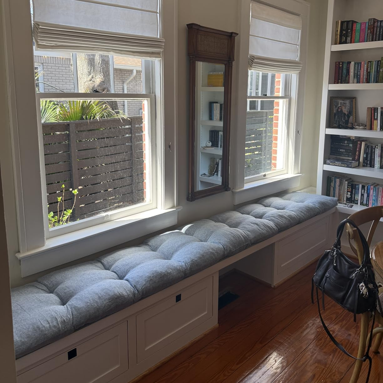 Grey tufted bench cushion at window seat – custom size indoor tufted cushion