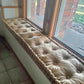 Tufted custom window seat cushion in grey – button tufted bench pad exact size