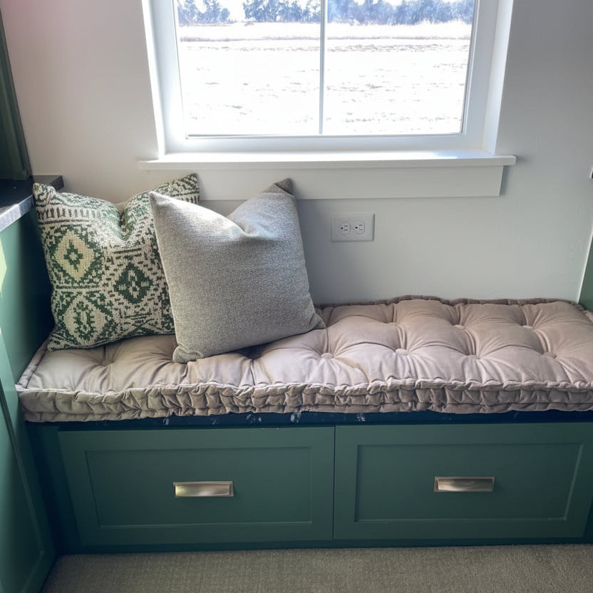 Tufted window seat cushion in beige – custom size button tufted bench cushion