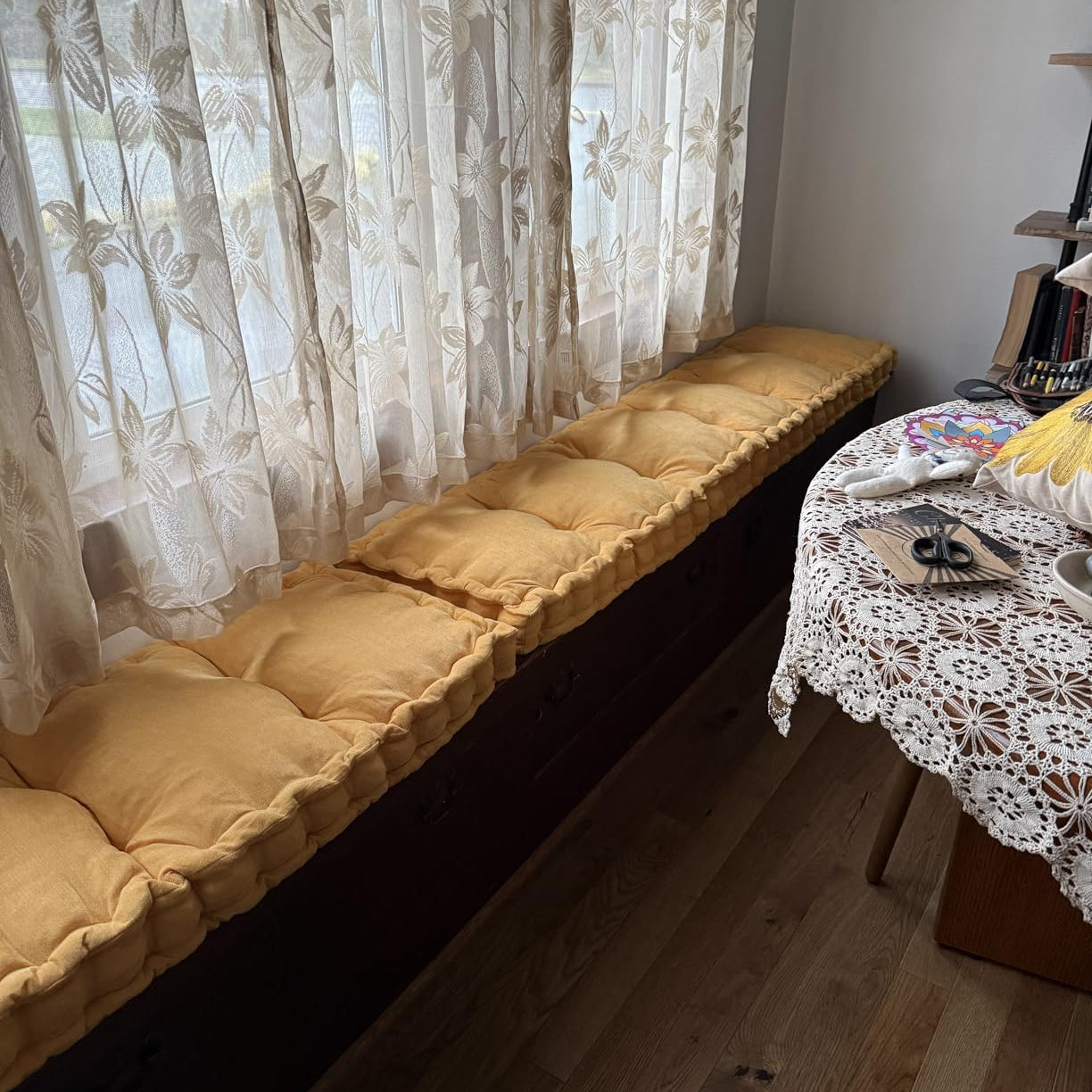 tufted window bench cushion yellow