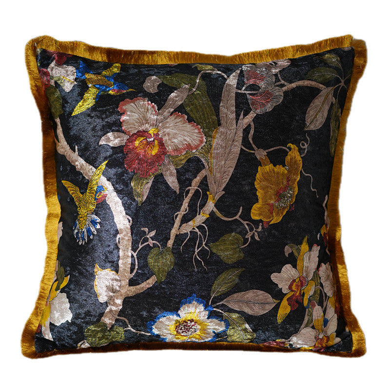 Vintage botanical cushion cover with birds and flowers in burgundy, cream, and gold colorway