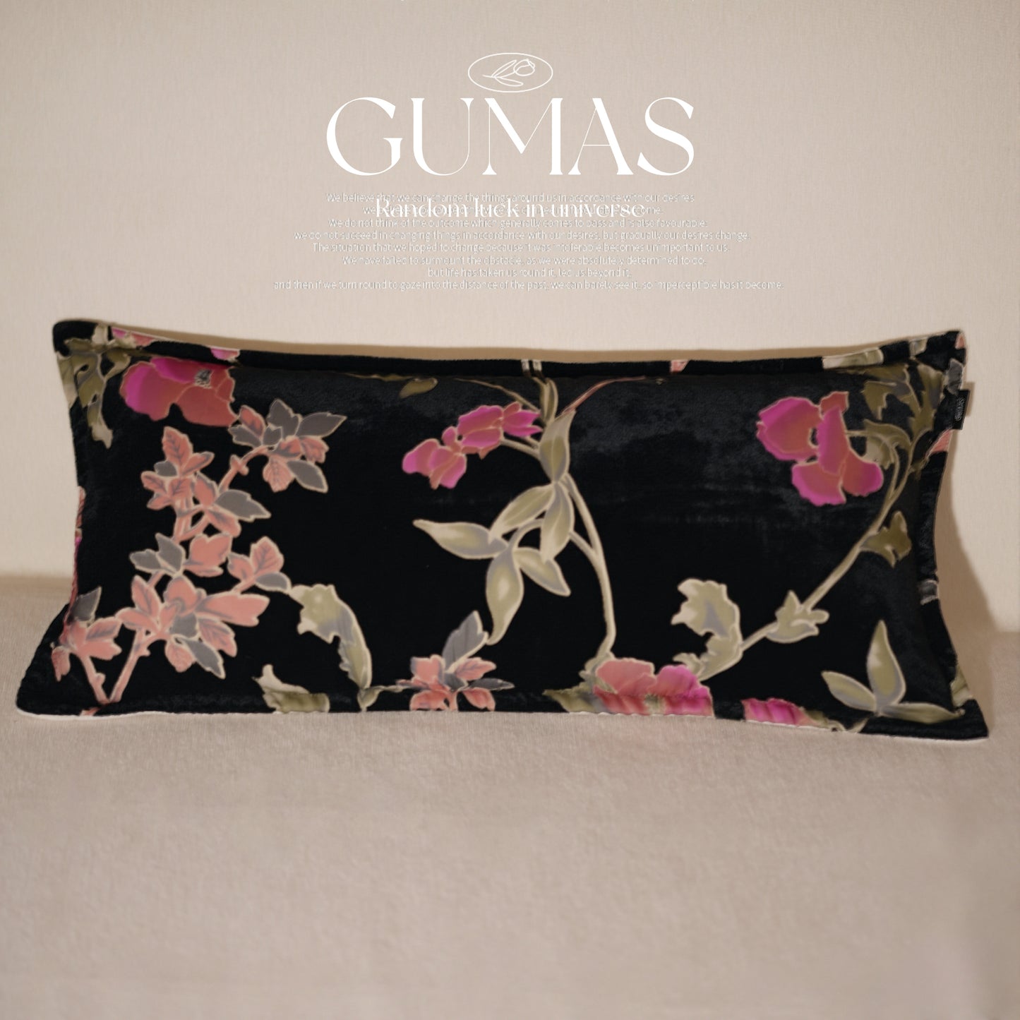 Vintage chinoiserie botanical print pillow cover in black velvet with concealed zipper
