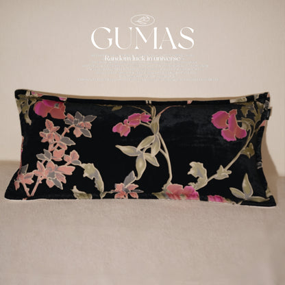 Vintage chinoiserie botanical print pillow cover in black velvet with concealed zipper