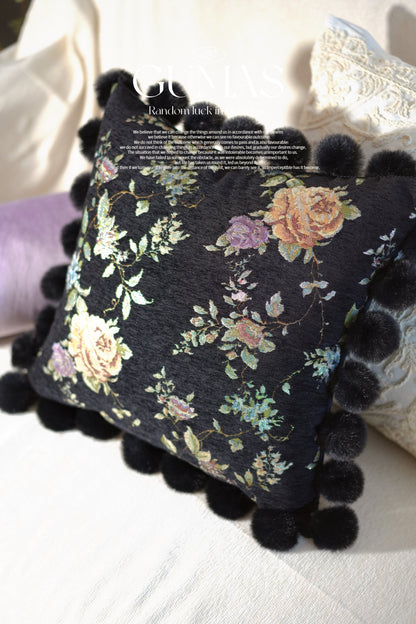 Vintage-inspired floral embroidered cushion cover set with black square and purple bolster