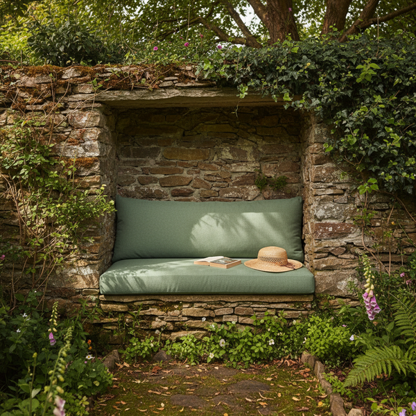 Soft blue and cream window seat cushions in a cozy nook