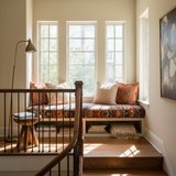 A cozy window seat adorned with soft pastel pillows, inviting and tranquil ambiance